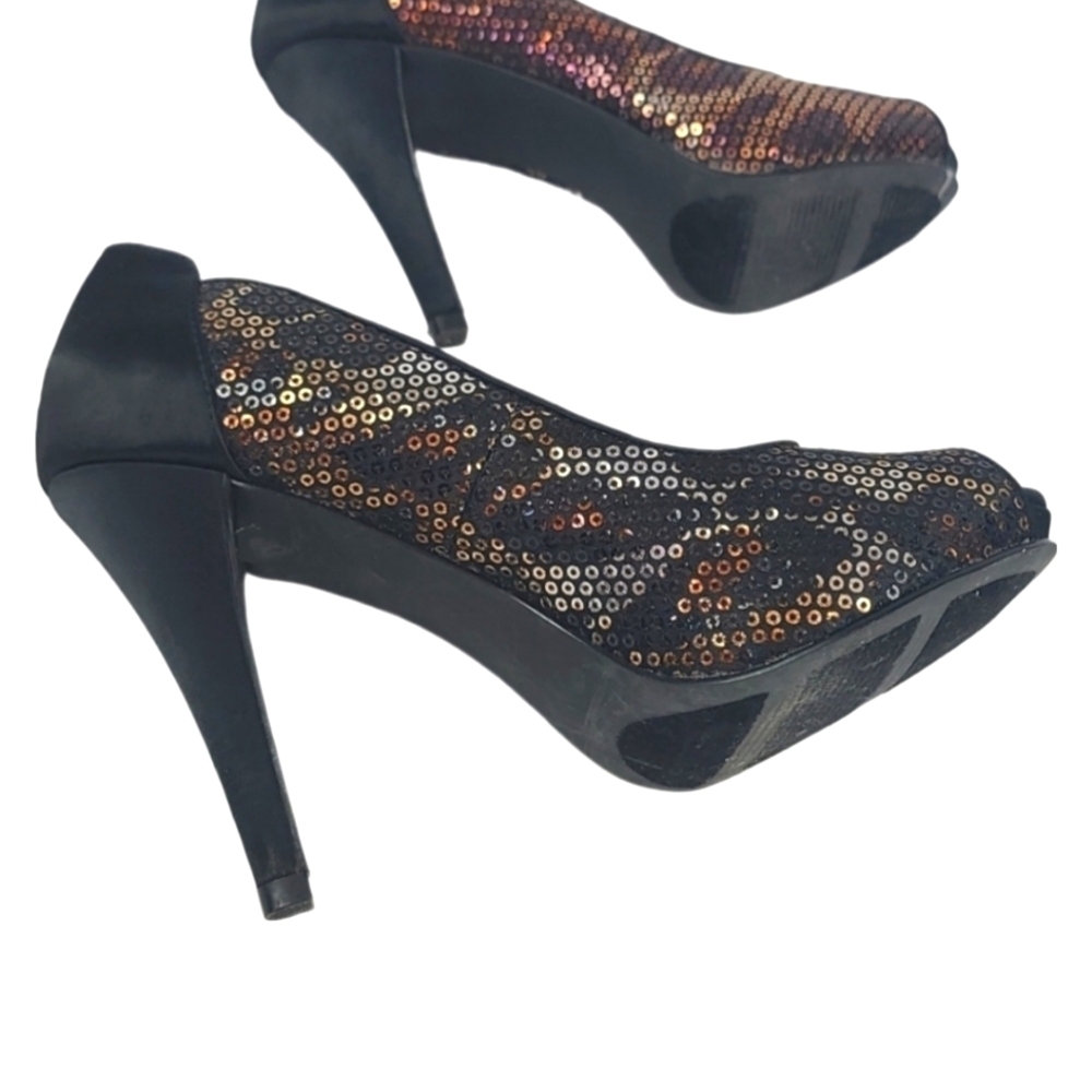 Leopard Gold Bronze Satin Black Peep Toe Stiletto High Heel Shoes, Size 5 - Picture 8 of 8